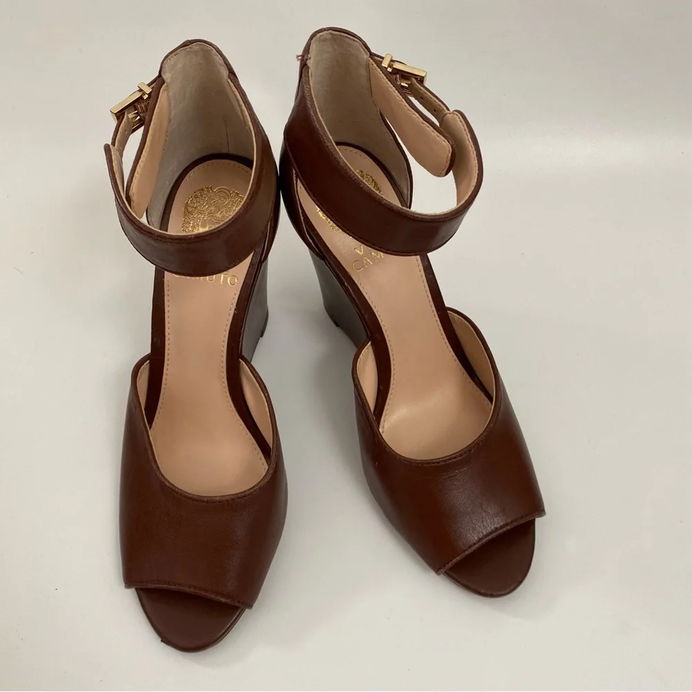Vince Camuto Peep Toe Wedge Ankle Strap Size 7 Brown Heeled Sandals Women’s - Picture 9 of 14